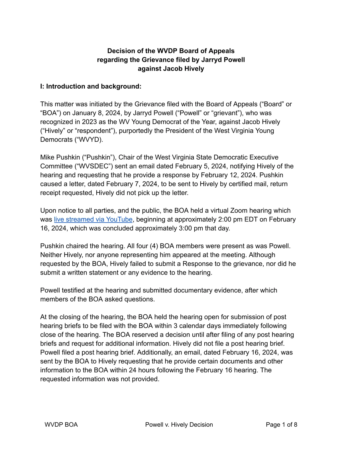 Preview of Decision of the WVDP Board of Appeals — Powell v. Hively (February 22, 2024)